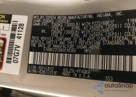 2008 Toyota Sienna Limited from USA, damaged, VIN 5TDBK22C08S016360